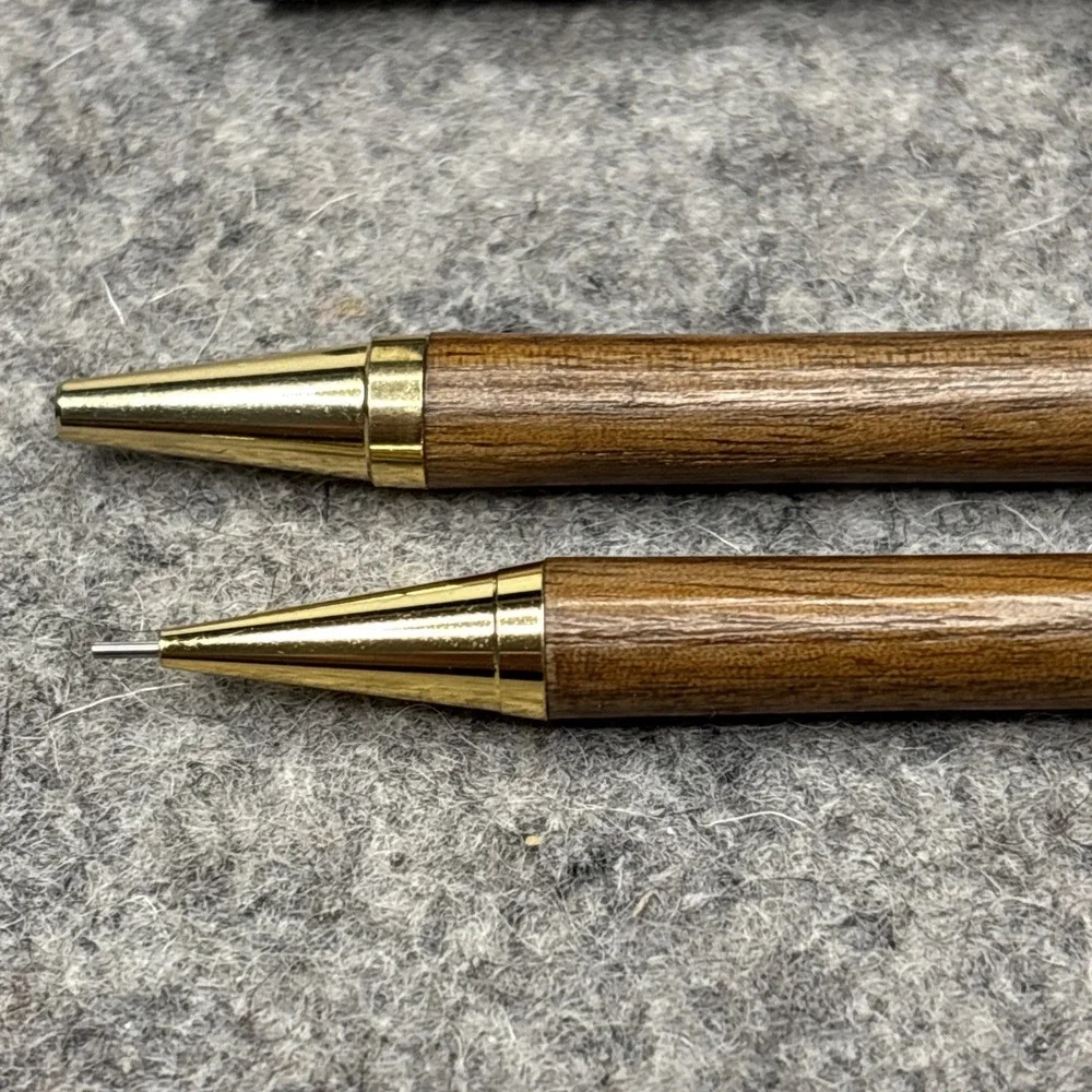 Vintage Wood Pen & Mechancal Pencil Set Gold Tone Trim Presentation Box